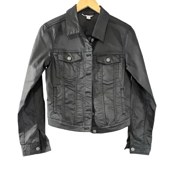 Garnet Hill Black Button Up Pockets Denim Look Moto Motorcycle Jacket Women’s 4 - Picture 2 of 8